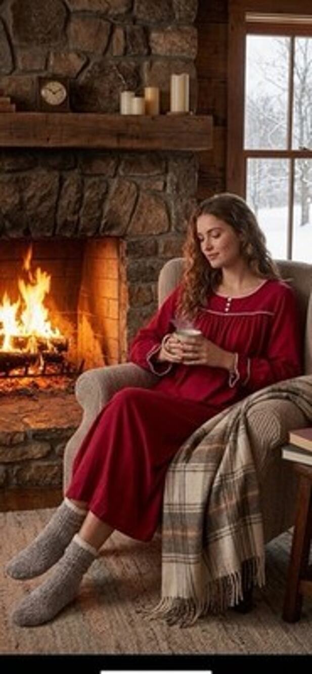 Lands End Womens M 10-12 Red 100% Cotton Long Sleeve Henley Nightgown Midi